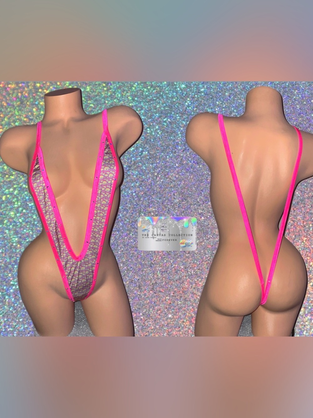 MIDNIGHT BALLERINA: One-Piece High-Cut Bodysuit in Bright Pink with rhinestones